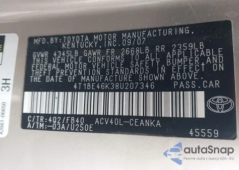 2008 Toyota Camry Le из США, поврежденный, VIN 4T1BE46K38U207346